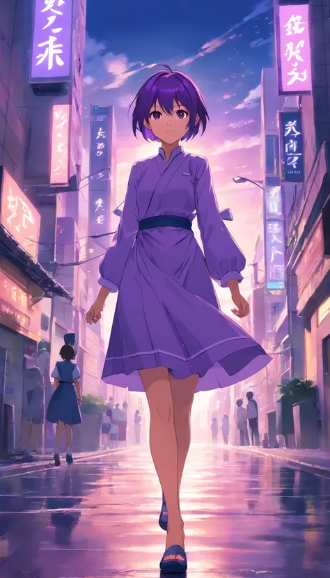 obra maestra, La mejor calidad, Purple Girl Short Hair, cuerpo completo, mirada profunda, vistiendo un traje de maid rasgado, con una espada color negro en la mano izquierda, In an apocalyptic cityscape