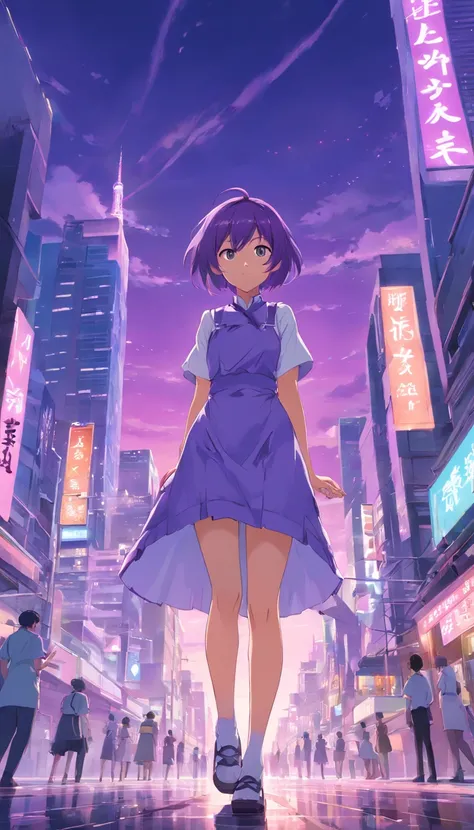 obra maestra, La mejor calidad, Purple Girl Short Hair, cuerpo completo, mirada profunda, vistiendo un traje de maid rasgado, con una espada color negro en la mano izquierda, In an apocalyptic cityscape