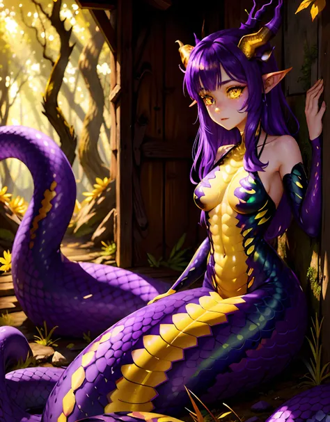 detailed snake skin, (Adult ), solo focus, (lamia), stoic, monster girl, (short horns), beautiful eyes, beautiful background, abandoned cabin, forest, light particles, sun rays, dramatic lighting, outside, grass, leaves, shiny (yellow, purple, blue gradien...