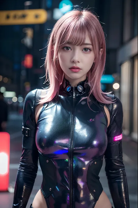 Dark Body 8K Drive Rendering, Teenage Female Cyborg, Pink hair, Colossal tits, In the city of neon lights, action SHOT, closes mouth,  ((a closed mouth)), Skin pores, Detailed complex iris, Very dark lighting, heavy shadow, Detailed and detailed face, ((vi...