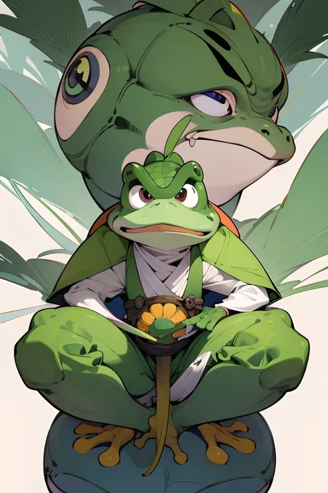 desenho animado de um sapo em uma armadura branco segurando uma espada longa, Samurai sapo, Pepe, os sapos em guerra, Like an anthropomorphic frog, Estilo nisego , Froggy, Bryan Lee OMalley, anthropomorphic turtle hero, Humanoid Anthropomorphic Toad, Peepo...