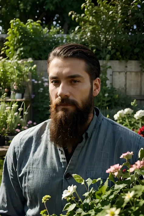 homme francais la quanraine dans un jardin potager regarde la camera bien en face, il a une barbe courte