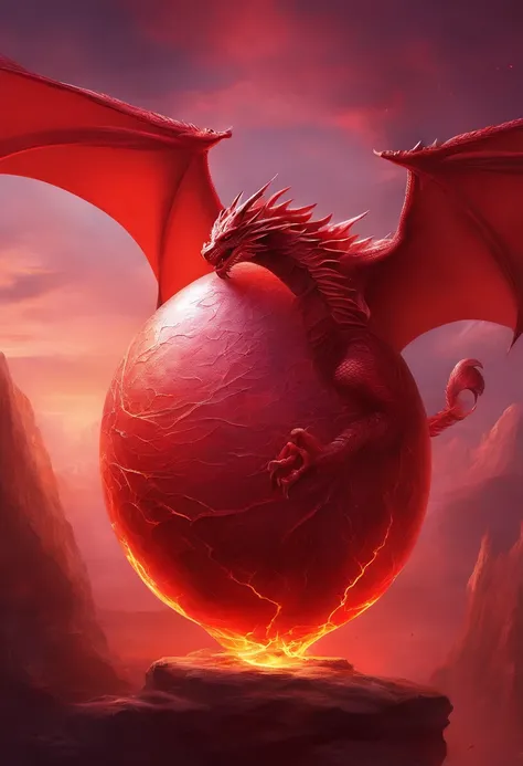 dragons red egg in nest cracked, hatching egg, red sky