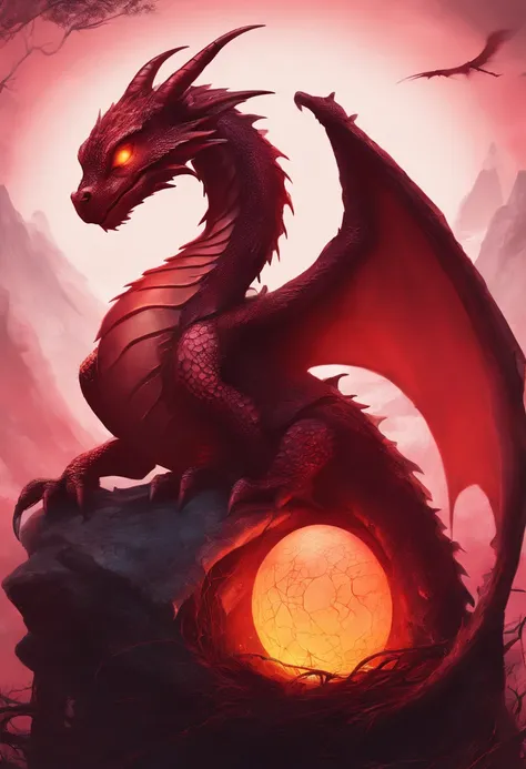 baby dragon,  dragons red egg in nest cracked, hatching egg, red sky