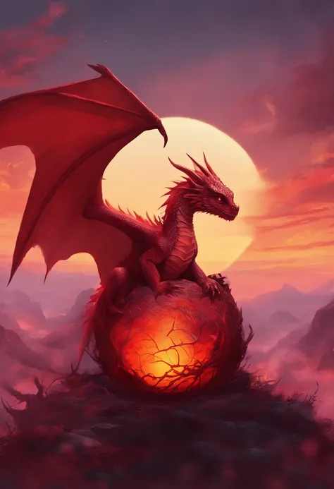 baby dragon,  dragons red egg in nest cracked, hatching egg, red sky