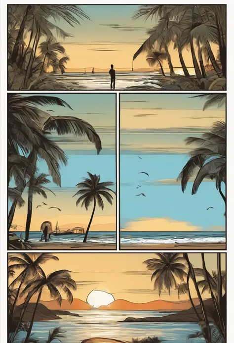 comic strip，Cartoon Split（4 or 5 or 6 tiles），Storyboard，Masterpiece, 。sudden，a boy at the beach, palm trees，Falls in the middle of the street。 Enhanced detail