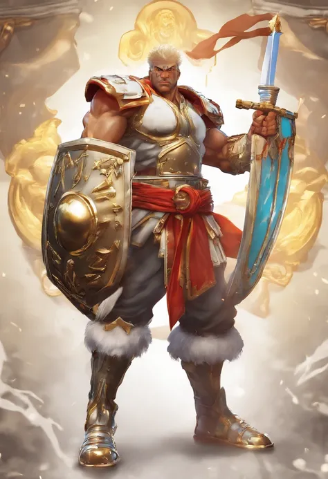 Renderização 3D realista de Soldier of Ogum Captain of Arms: Roman-style soldier with shining armor, silver sword and shield written in gold T.U.O.C.A in Disney pixae style