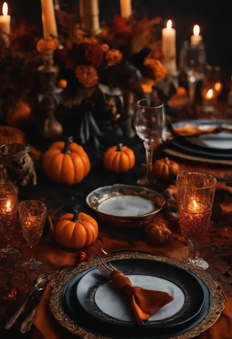 mesa de halloween, completa com pratos, talheres, Glasses, Table decorations and no person in the picture