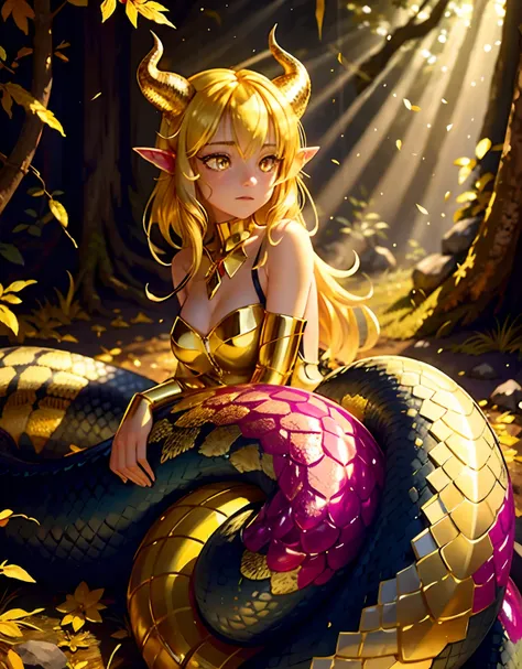 detailed snake skin, (adult ), solo focus, (lamia), stoic, monster girl, (short horns), beautiful eyes, beautiful background, ab...