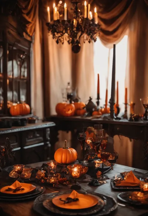 mesa de halloween, completa com pratos, talheres, Glasses, Table decorations and no person in the picture