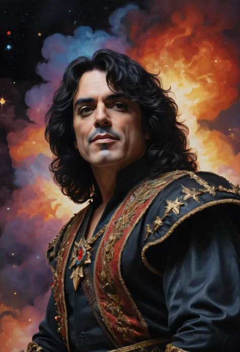 a facial portrait of Paul Stanley, oil painting on canvas in the art style of Caravaggio, Thomas Kinkade, Neal Adams, Frank Frazetta, Boris Vallejo, Rembrandt, extremely colorful, outer space, planets, stars, galaxies, fire, explosions, smoke, volcanic lav...