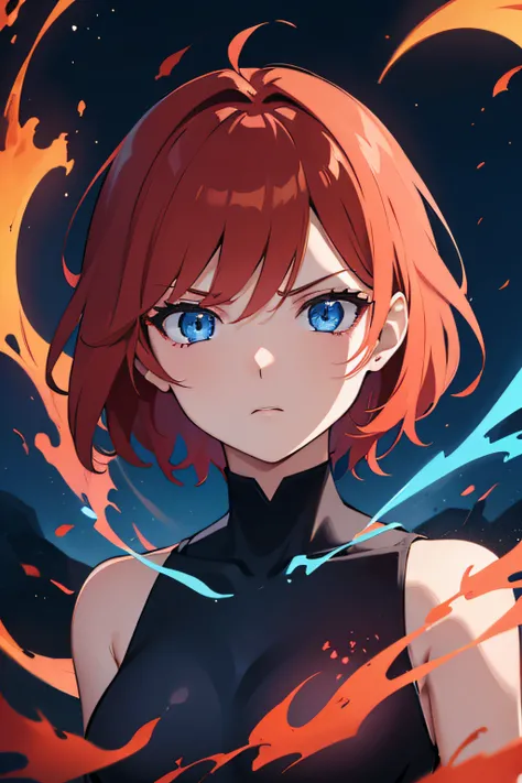 (girl:1.1), (short fiery red hair), (blue eyes), (surrounded by blue flames), (staring at the observer), (serious and expressionless), (night sky), (blue flame), (8K)