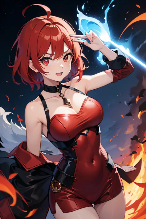 (girl:1.1), (intense fiery red short hair), (pupil-less fiery red eyes), (sharp canines), (surrounded by blazing blue flames), (transcendent expression), (celestial background), (8K)