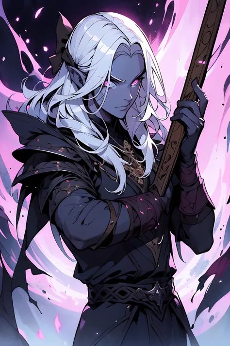 Ilvander Whisperer is a 138-year-old male drow sorcerer with a bow in one hand, Con hermosos adornos . Tiene mucho tiempo, recto, cabello blanco y ojos morados. Tiene la piel negra y sedosa. tiene una esbelta, Toned and athletic complexion. Tiene una cara ...