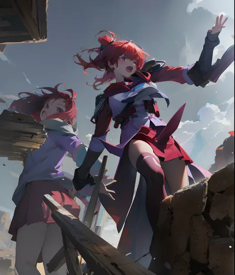 2girl,twins,school girls, red mini skirt, red sleeves, red hair, purple arm sleeve, falling rocks,