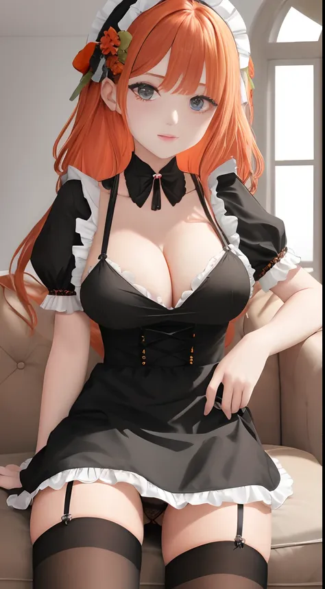 /draw apron orange_hair green_eyes breasts breasts_out couch dress female frills gloves highres koruse large_breasts long_hair looking_at_viewer lying maid maid_apron maid_headdress no_panties original solo gloves black pantyhose lifts her skirt and shows ...