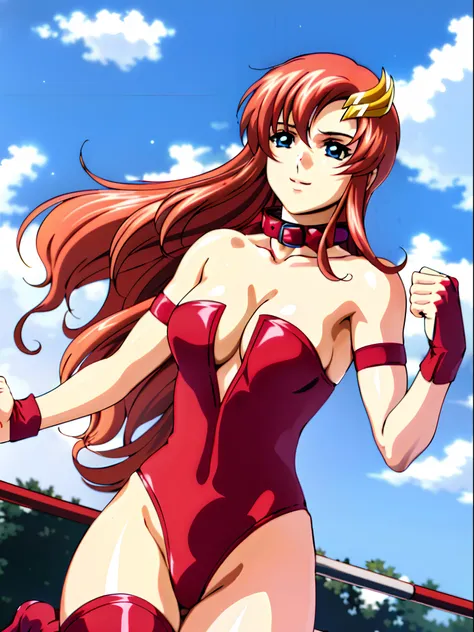 solo, (((red strapless wrestling outfit, collar, red boots))), (upper body view, closed mouth, happy, Best Quality, Anime style: 1.9, Adult Woman, (cloud background), Anime, lacus4), 1girl, Solo, 鎖骨, (very long hair, wide bangs, Hair Ornament, Detailed red...