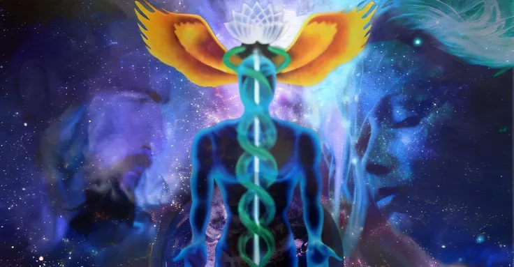 pintura de uma mulher com um cabelo longo e uma flor em seu cabelo, kundalini energia, Viagem Astral, Entidade DMT, irradiando energia de renascimento, epic shamanic dmt art, Arte DMT, ser angelical brilhante, galactic dmt entity, emanando com aura azul, p...