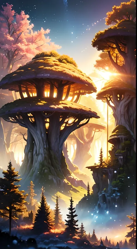 (masterpiece), A magical florest, gorgeous landscape with strange trees, the trees have a  magical glow, adventure, cold , snow, (florest:1.3),cinematic, mushrooms, (Cinematic Digital Artwork:1.3), artstation, fantasy, dark, (golden light)