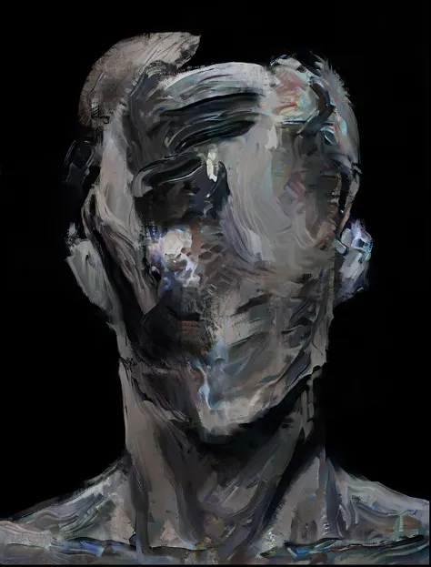 Close-up of a man with a black and white painting on his face, Peinture sur visage en niveaux de gris, Portrait abstrait, An expressive digital painting, Digital Painted Art, A bleak picture of schizophrenia, lisse. digital painting, par Patrick Pietropoli...