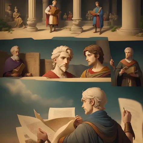 An animated sequence showcasing Alexander receiving education from Aristotle, blending vibrant colors and ancient scrolls.