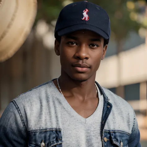 (african american man, detailed features, stylish appearance, confident expression), (fitted baseball bucket cap), (Ralph Lauren), (varsity v-neck sweater in navy blue, red and white), (jean jacket), (model), (realistic photo), (best quality, 4k, high-res,...