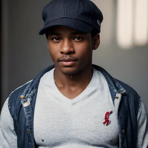 (african american man, detailed features, stylish appearance, confident expression), (fitted baseball bucket cap), (Ralph Lauren), (varsity v-neck sweater in navy blue, red and white), (jean jacket), (model), (realistic photo), (best quality, 4k, high-res,...