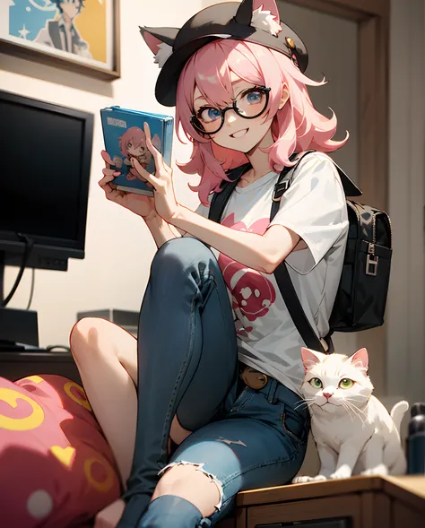 Mina has pale pink hair that falls in loose curls over her shoulders. His eyes are a bright shade of blue and he wears round glasses with a slightly comical touch. He wears a t-shirt with a pixel art print of his favorite video game character and a pair of...