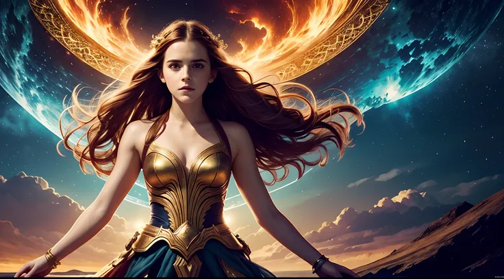 Emma Watson, as a celestial commander, stands on a floating island amidst the battle in an ethereal realm. Her presence is both majestic and commanding. The celestial glow illuminates her, creating a mystical and awe-inspiring atmosphere. The artwork combi...