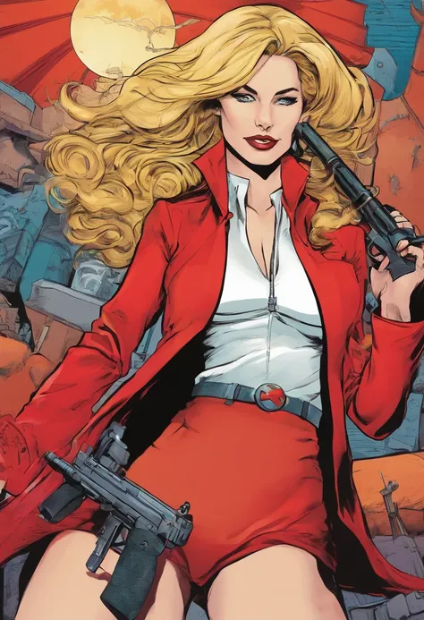 Women with long blonde hair wearing a red suit and holding a Tommy gun