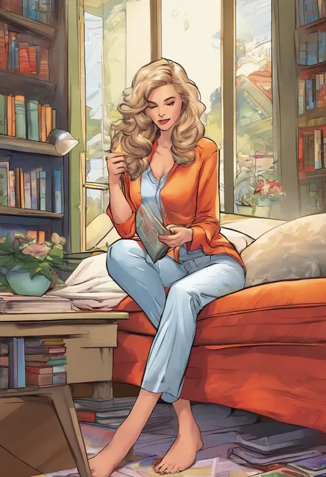 A full-length woman, silver satin pajamas, pajama pants and a shirt. barefoot, next to a book