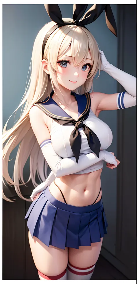 (masterpiece, best quality:1.2),illustration,8k,hd,1girl,solo,upper body,(portrait:1.2),long_hair,blonde_hair,elbow_gloves,underwear,striped_thighhighs,white_gloves,smile,navel,yellow eyes,highleg_panties,black_panties,anchor_hair_ornament,highleg,blush,sc...