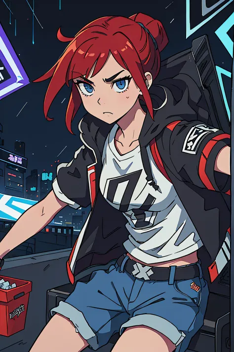 Au centre de la composition, The main character stands with his mech, arborant un style streetwear, while the other two girls have an urban look. Next to the main character, Asuka is present, wearing her streetwear outfit with ripped jeans, un t-shirt noir...