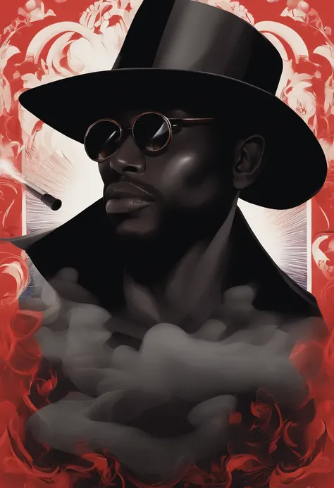 homem negro, Long brimmed hat, Pipe blowing smoke, olhos vermelhos, Face shadow hidden in hat, afro futurismo, estilo cartoon,