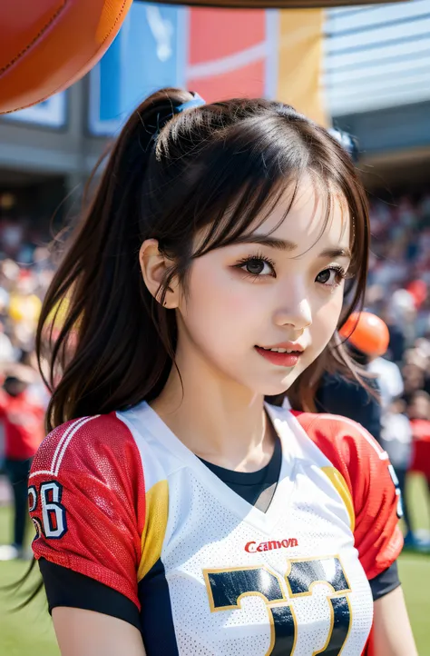 Morning Musume no Eri, Wear football player clothes, In the midst of her goal celebration. The background captures the excitement of the audience, Eta、Her teammates are starting to surround her with celebrations, Highlight the intricate details of her beau...