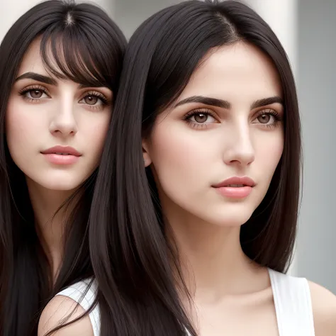 A very pale Greek woman with big dark brown eyes, a long straight nose, thin lips, long face, and straight black hair that falls just below her chin. [hard facial expression], [long nose]