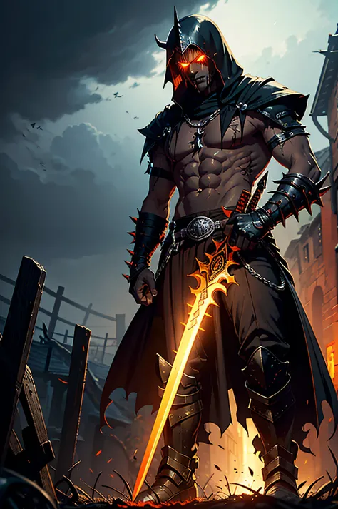 Conceptual Character, Creepy Dark Fantasy Hero, Dark Fantasy Dark Fantasy Character, Dark Fantasy Villain, demon, (((dark brown sunburnt skin))), Lots of scars glowing bright orange, Orange glowing eyes, evil face, Hate Look, Lots of scars, Gold glossy hel...