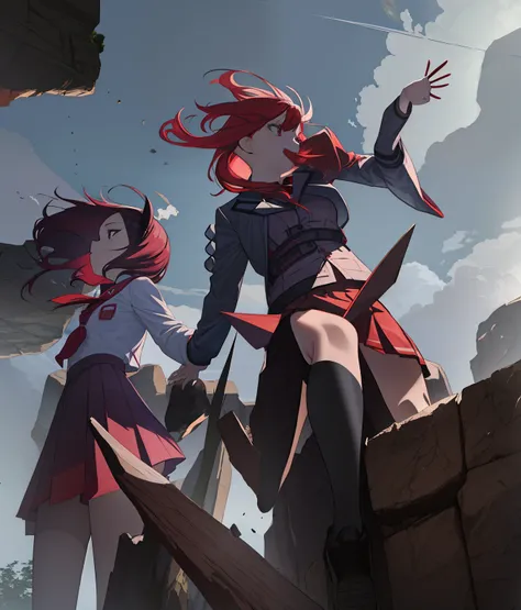 2girl,twins,school girls, red mini skirt, red sleeves, red hair, purple arm sleeve, falling rocks, same clothes