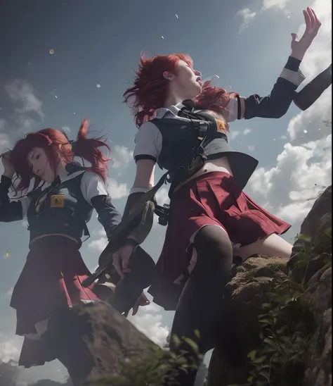 2girl,twins,school girls, mini skirt, red hair, falling rocks,(best quality,4k,8k,highres,masterpiece:1.2),ultra-detailed,(realistic,photorealistic,photo-realistic:1.37),HDR,UHD,studio lighting,extreme detail description,professional,vivid colors,bokeh,por...