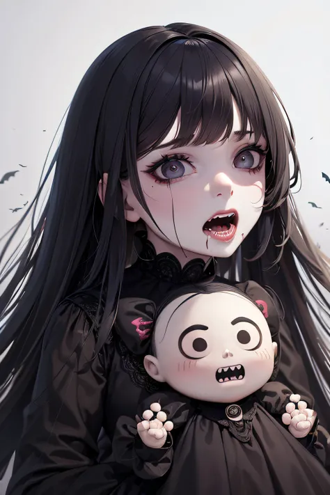 A realistic, scary and disturbing Halloween doll with spooky pitch-black eyes and drool on the mouth