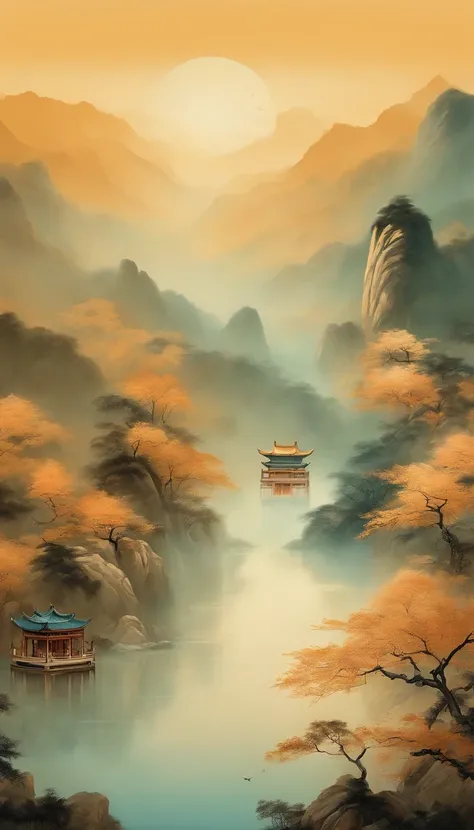 An idyllic Chinese mural, Light orange and light cyan style, Layered landscape, Art in the style of ancient Chinese ink painting, monumental murals, Ricoh FF-9D, Golden Age aesthetics, Exotic landscape