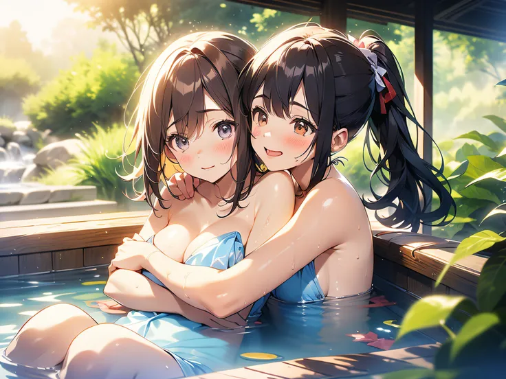 in 8K、top-quality、​masterpiece、ultra-detailliert、Ultra-high resolution、((two individuals))、2 girls、brown haired、poneyTail、outdoor bath、Rock bath、mont、((perspiring))、Red face、Wrap a bath towel around your body、((steams))、Flirting、hug from behind