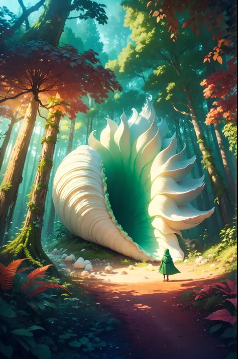 vibrant forest, huge white conch shell half buried in the soil, girl in green hood standing before the huge conch shell, sunny day, masterpiece, intricate details, trending on artstation, small creatures hiding in the forest, beautiful atmosphere