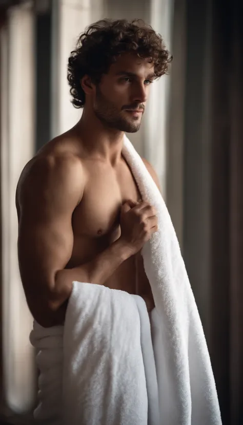 portrait of a handsome male, short curly hair wearing a white bath towel big dick