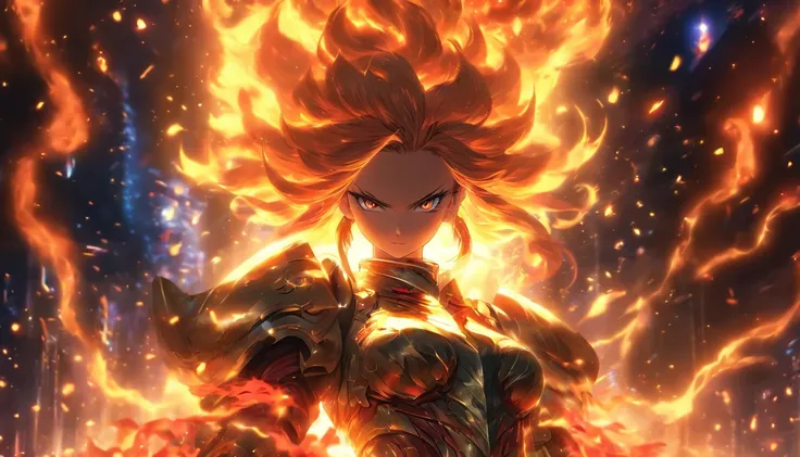 girl. god. big tits. warior. armour. flames. fire sword. night. space.