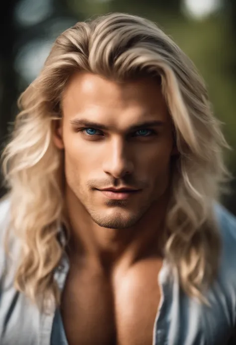 1 man, Beautiful eyes and face details, shirtless, nice body and defined muscles, best quality, blonde hair, blue eyes, Close-up, toned body, (male model) warm skin, master piece, Best qualities, Older man beautiful in the world, tattoo with Superman symbo...