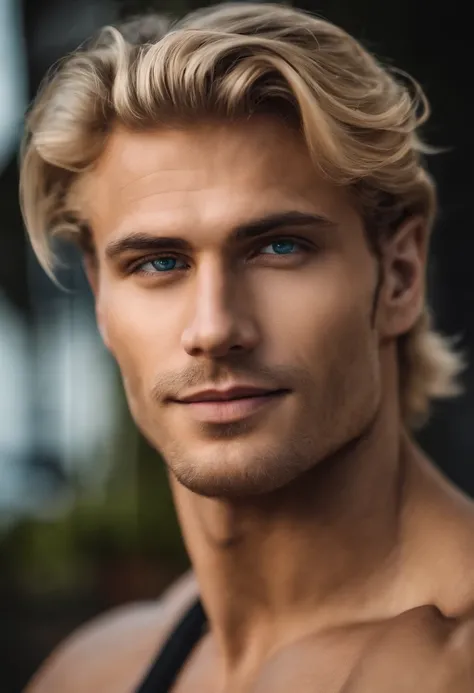 1 man, Beautiful eyes and face details, shirtless, nice body and defined muscles, best quality, blonde hair, blue eyes, Close-up, toned body, (male model) warm skin, master piece, Best qualities, Older man beautiful in the world, tattoo with Superman symbo...