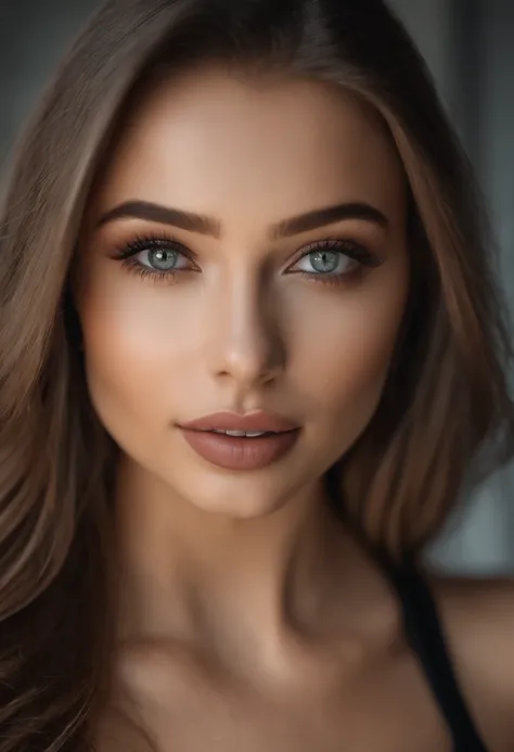 russian woman in a black bra top posing for a picture, sexy face, jaw dropping beauty, portrait sophie mudd, 21 years old, she is wearing a black tank top, jaw-dropping beauty, looking hot, sexy look at the camera