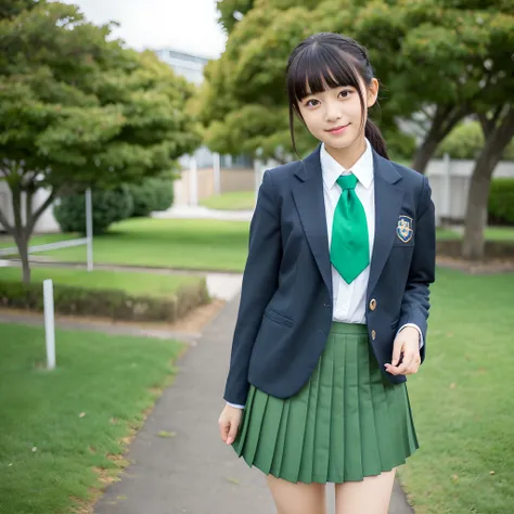 masutepiece, Best Quality, 1girl in, Solo, Nahida_Genshin, cross-shaped pupils, School uniform, Green tie, Blazer, Pleated skirt, Green Cape, Standing