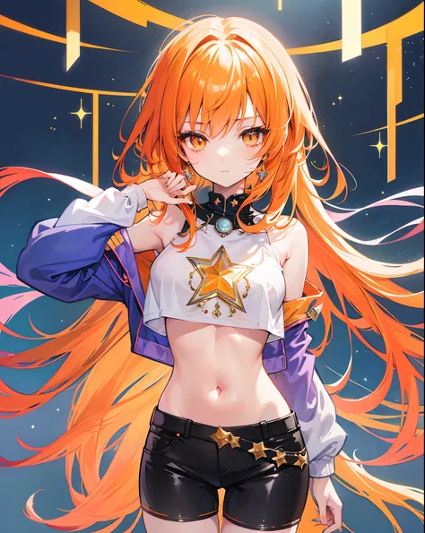 digital art, soft and fantasy style, an anime girl, pretty face, pretty hair, glittery hair, orange colored hair, shining eyes, happy and confident, not NSFW, wearing fantasy glittery tops and shorts, wearing fantasy glittery jewelry, glitter everywhere, o...